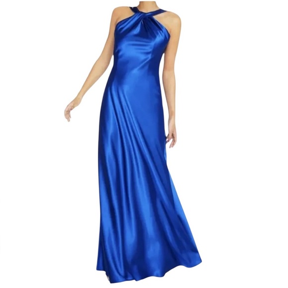 Calvin Klein Halter Neck Gown with Draped Neckline and Open Back Blue Size 14 - Picture 2 of 10